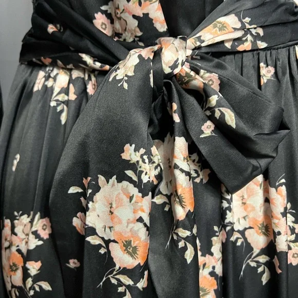 Pinch Women’s Black Satin Smoked Maxi Slit Floral Long Sleeve V Neck Dress Med - Picture 15 of 15